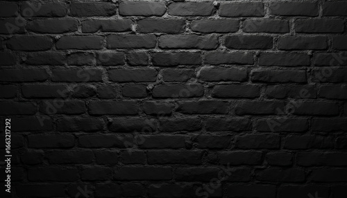 Asymmetrical black painted brick wall texture background with a dark vignette