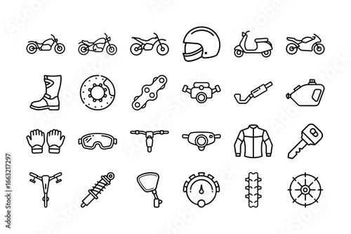 Motorcycle Elements Vector Icon Set. Motorcycle, Helmet, Gear, Scooter, Motorcycle Boots, Engine, Exhaust, Motorcycle, Bike Parts, Motorbike, Bike and More. Editable Stroke. Vector Illustration.