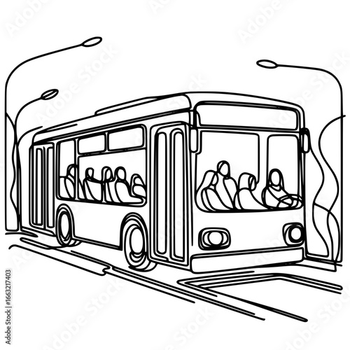 Public bus with passengers illustrated in single line contour vector  