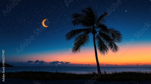 A silhouette of a lone palm tree standing against a starry night sky.