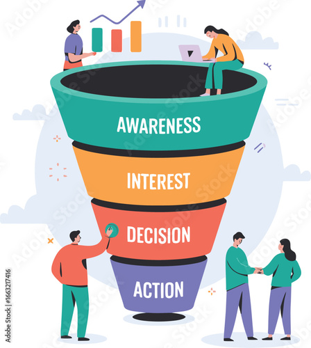 Business professionals collaborating on a sales funnel visualizing customer journey stages from awareness to action isolated on transparent background