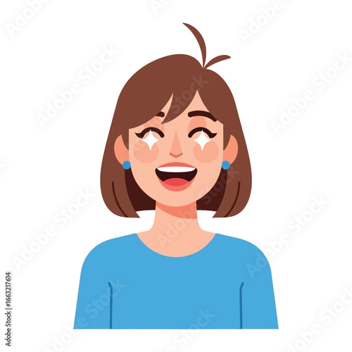 Joyful Smile: Illustration of a radiant young woman with a vibrant, energetic expression, capturing a moment of sheer happiness, ideal for conveying positivity and contentment.