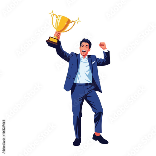 Triumphant Celebration: A man is bathed in the success, standing victoriously, arms raised high holding a gold trophy in celebration.