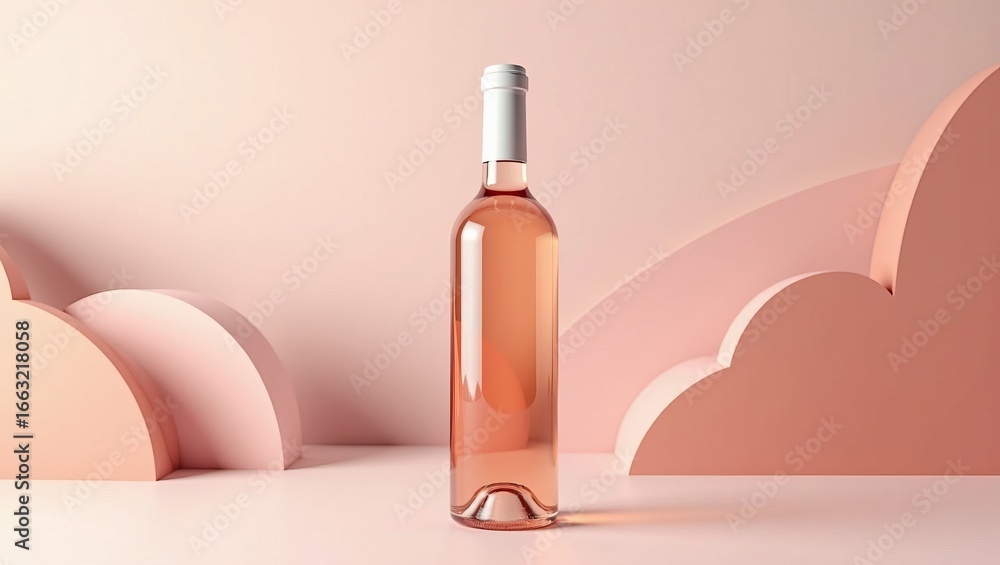 Naklejka premium Rose bottle mockup on pastel pink abstract background with minimal clouds for branding and packaging design