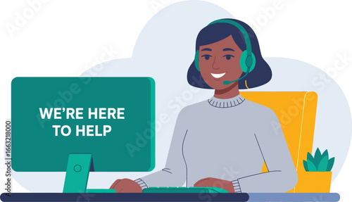 Friendly female customer service representative with headset assisting clients with a smile at her desk isolated on transparent background