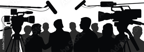 Silhouette of media interview, press conference, news reporting, journalist communication, television broadcast, live coverage, camera crew, microphone recording, media production teamwork, journalism