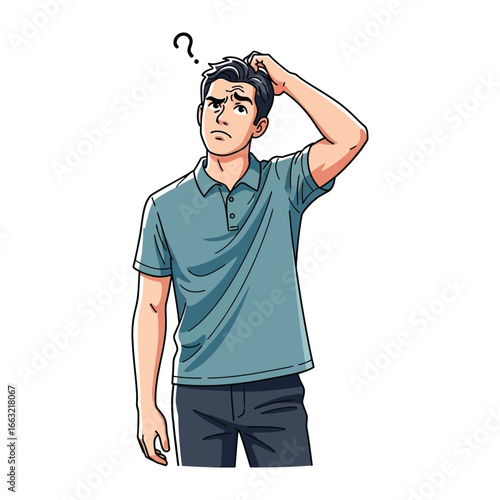 Lost in Thought: Illustration of a man, caught in a moment of deep thought, scratching his head beneath a hovering question mark, evoking curiosity and contemplation.
