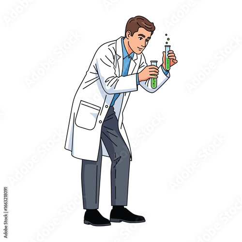 Scientist Examining Test Tubes: A scientist intently examines two test tubes filled with vibrant green liquid, conducting experiments in a laboratory setting. The scene portrays a scientific concept.