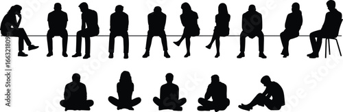 Silhouette of people sitting, group relaxation, social interaction, teamwork concept, casual meeting, office break, community gathering, lifestyle illustration, human connection, diversity