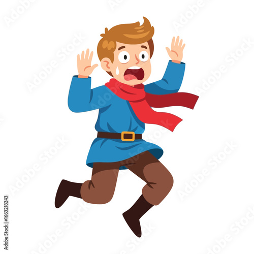 Startled Run: A young boy with a look of shock and panic on his face runs in a rush, his hands raised in a gesture of surprise, embodying the fleeting emotion of fear in a dynamic illustration.