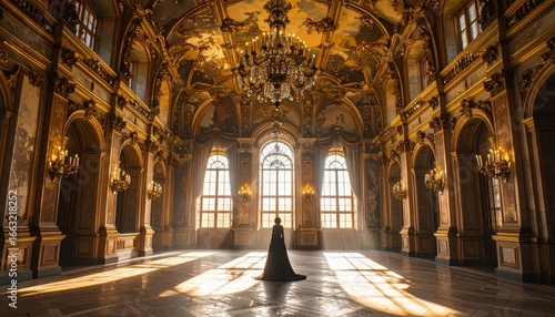 Wallpaper Mural Woman in gown stands inside majestic golden royal ballroom.
 Torontodigital.ca