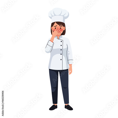 A Chef's Surprise: A skilled chef, dressed in pristine whites and hat, holds a hand to their face, possibly experiencing a surprising moment.