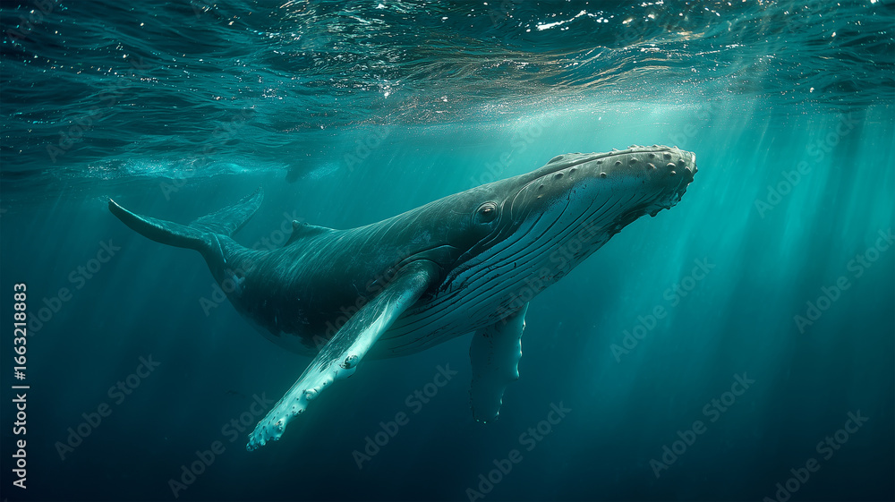 Fototapeta premium 光芒差す海中を進むザトウクジラの光景