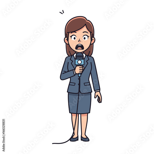 Breaking News Reporter: Capturing a moment of shock or surprise, a female news reporter stands poised, microphone in hand, delivering breaking news with a mix of surprise and concern.