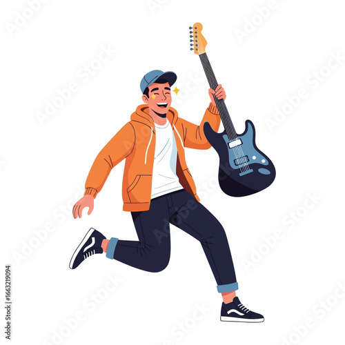 Rockstar's Euphoric Leap: An animated figure exuberantly leaps into the air, clutching an electric guitar. Capturing the essence of music, joy, and creative expression.