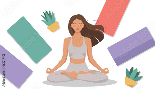 Serene woman meditating in lotus pose surrounded by vibrant yoga mats and lush potted plants isolated on transparent background