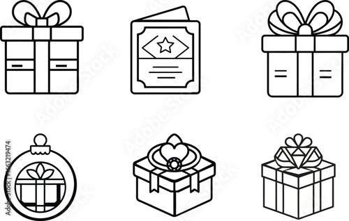 "Gift and Holiday Icons – Line Style Presents, Certificate, Ornament, and Ring Box"

