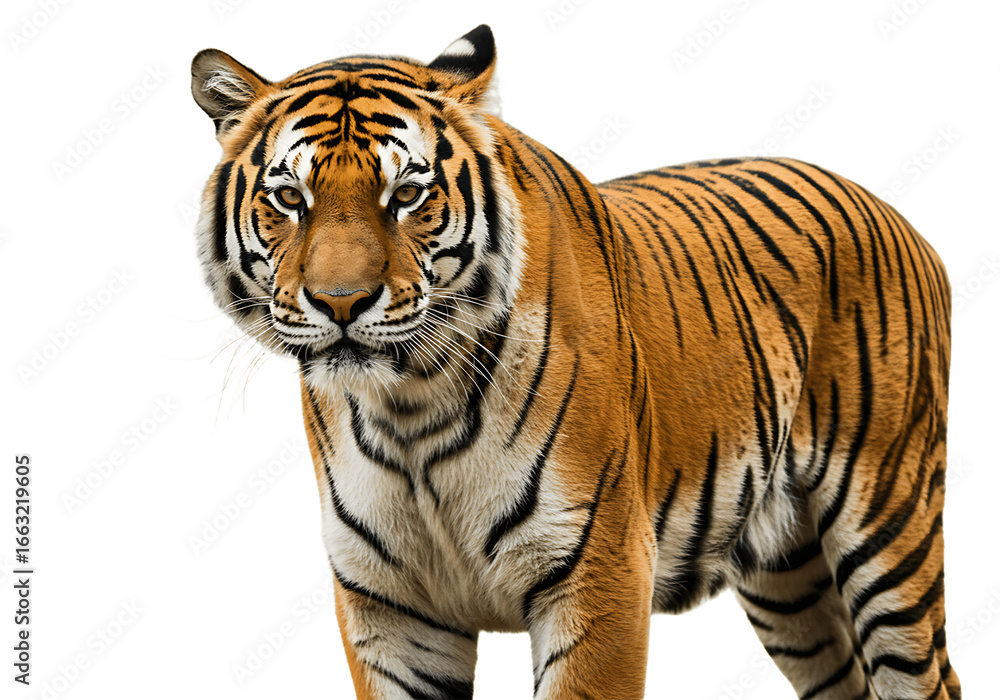 Obraz premium Majestic tiger standing isolated on transparent background in a studio shot