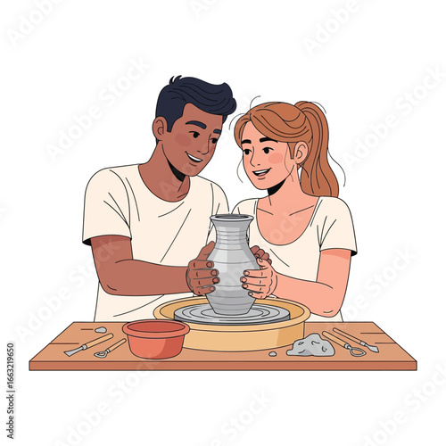 Artisan Bond: A heartwarming depiction of a couple sharing a pottery class, fostering creativity, partnership, and a mutual artistic journey.
