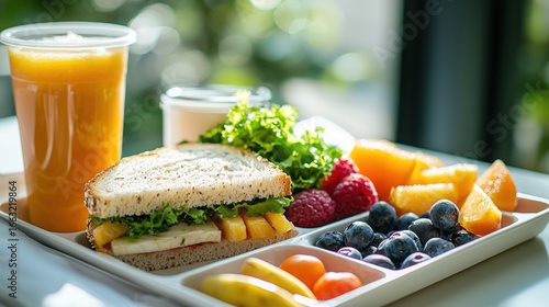 a detailed lunch tray with compartments holding a balanced meal, including a sandwich, fruit, and a drink.