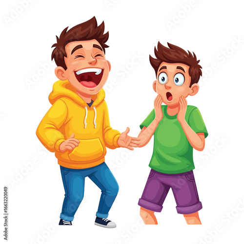 A Moment of Amusement: Two animated boys, one in yellow hoodie laughing heartily at a story. The other boy's face is expressive in surprise. The image captures the essence of youthful joy.