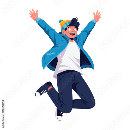 Joyful Leap: An illustrated person experiencing elation and excitement as they joyfully leap into the air with arms wide open, expressing pure joy, enthusiasm and youthful freedom.
