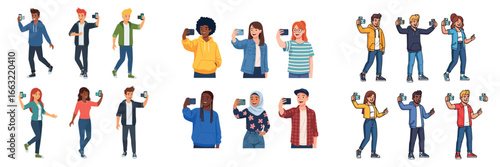 Young People Taking Selfie Character Set