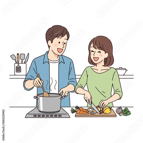 Cooking with Joy: A joyful couple sharing a moment of connection while preparing a delightful meal together in a well-equipped kitchen. Capturing the warmth, closeness, and culinary experience.