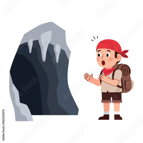 Explorer's Astonishment in the Wilderness: A young explorer stands awestruck before a majestic mountain cave, filled with both curiosity and amazement at this captivating moment.