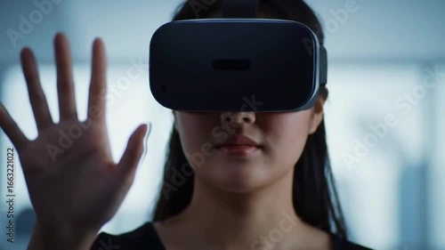 Woman wearing virtual reality headset looking forward indoors