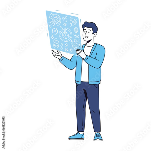 Tech Visionary: A visionary individual, in a modern setting, explores an advanced digital interface, signifying the future of technology, innovation, and human-computer interaction.
