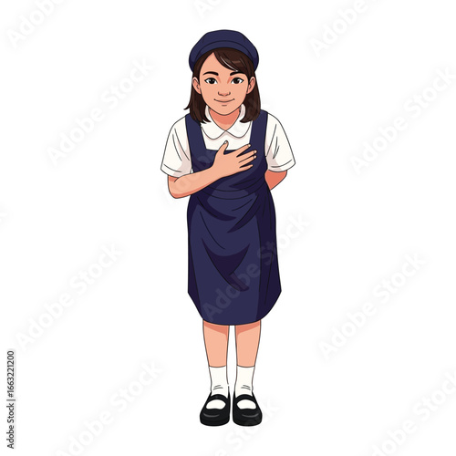 Polite Girl in Uniform: A young girl wearing a uniform and expression of warmth, standing attentively and showing courtesy.