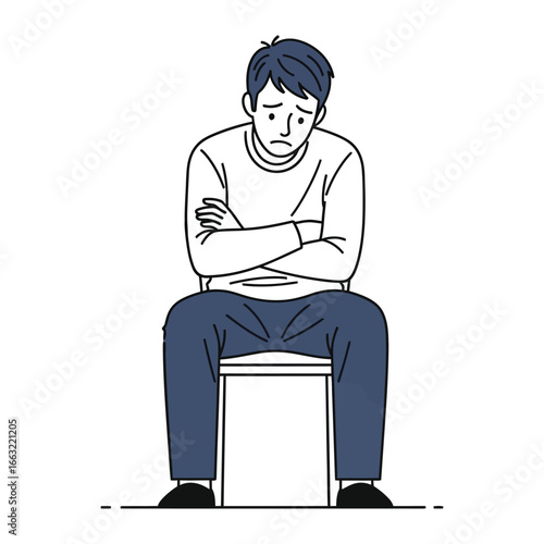 Despondent Reflection: A somber figure, arms crossed and gaze downcast, sits alone on a chair, embodying feelings of despondency, depression, and introspection.