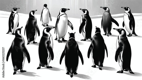 A black and white illustration of twelve penguin silhouettes arranged in two rows.  
