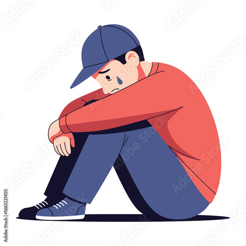 Melancholy's Embrace: An illustration of a young man, head bowed in a poignant display of sorrow, cradling his knees as a tear of anguish slides down his cheek, portraying vulnerability.