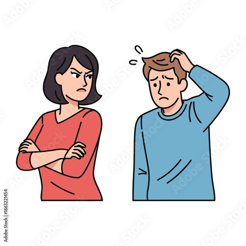Disagreement Dilemma: A man and woman face each other, with the woman's arms crossed in a display of disagreement and the man appearing frustrated. It's a scene conveying interpersonal friction. 