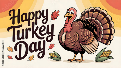 Cartoon Turkey Celebrates Thanksgiving with Leaves and Corn Wishing Everyone a Happy Turkey Day in Bold Lettering and Festive Colors