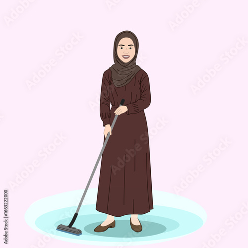 Muslim women are cleaning the floor sweeping or mopping the floor