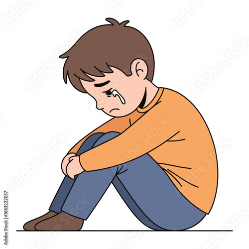 Solitary Sorrow: A young boy, his face etched with a cascade of tears, finds solace in solitude, the weight of sadness heavy upon his shoulders.