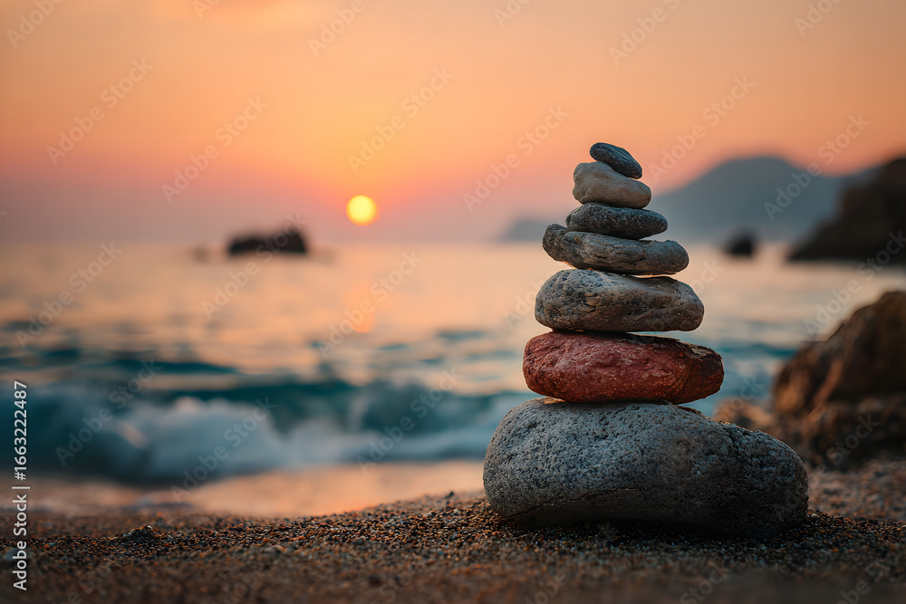 Fototapeta premium Stacked stones balanced on a beach at sunset, symbolizing peace and harmony in nature.