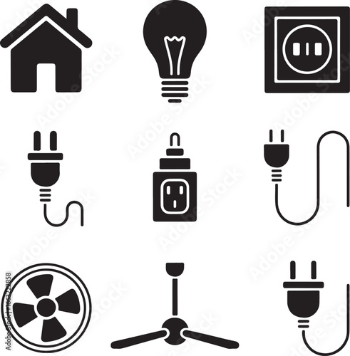 Home and Electrical Solid Icons House, Light Bulb, Switch, Outlet, Extension Cord, Ceiling Fan, Power Plug