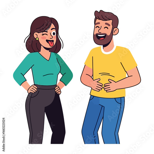 Shared Mirth: A moment of playful fun, capturing a cheerful woman playfully winking and sticking her tongue out, sharing a hearty laughter with a joyful man.