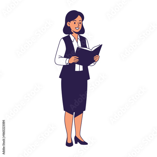 Business Woman with Book: A business woman stands, her posture radiates confidence, holding a book in her hands. Ready to convey information.