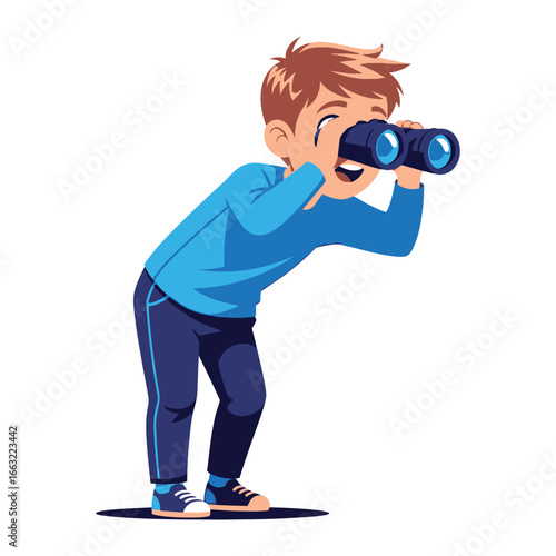 Curious Explorer: A young child, filled with wonder and curiosity, peers through binoculars, his eyes alight with the thrill of discovery.