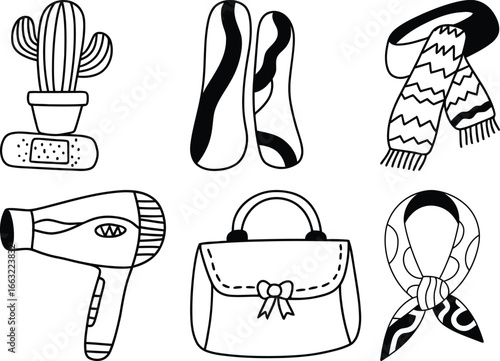 Charming hand-drawn icons cactus hair dryer scarf bag socks hair scarf collection white background