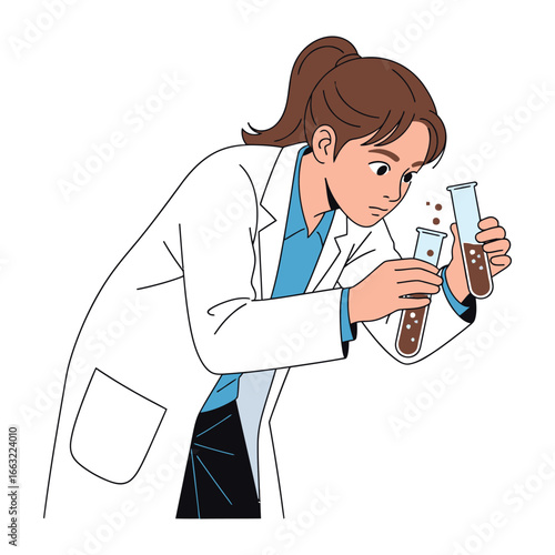 Scientist in Research Lab: A diligent scientist, clad in a lab coat, meticulously examines test tubes within a bright laboratory setting, embodying the essence of scientific inquiry and discovery.