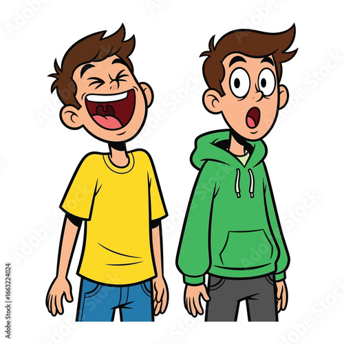 Unforgettable Expressions: Two Young boys embody a spectrum of emotions: one bursts with joyful laughter, while the other wears a look of astonished surprise.