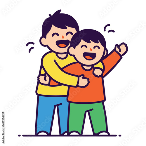 Joyful Embrace: Two young children share a hearty laugh as one embraces the other in a heartwarming display of friendship and affection.