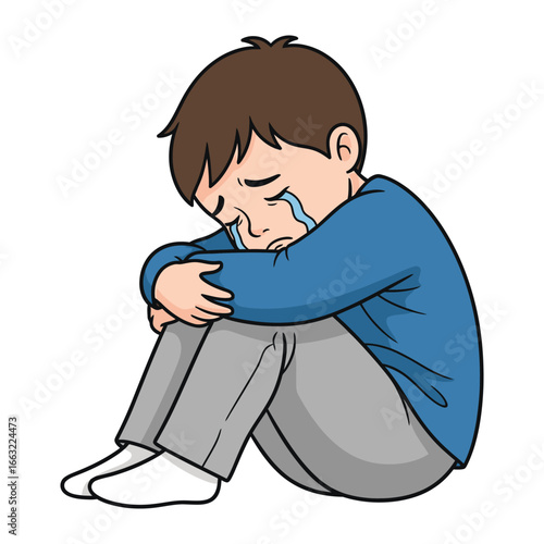 Solitary Lament: A young boy, his face etched with sorrow, curls inward in a posture of despair, as a single tear streaks down his cheek.