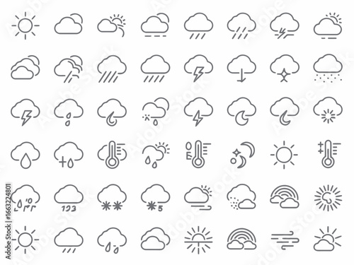 Collection of weather icons depicting various atmospheric conditions silhouette isolated on white background